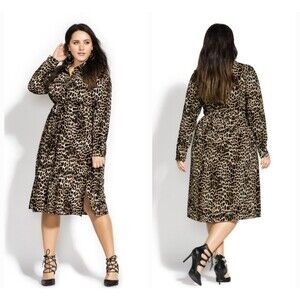City Chic Leopard Twist Button Dress Front Belted Long Sleeve XXL